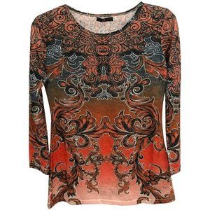 Womens Size Small N by Nancy Yang Multicolor Rococo Print Tee Shirt Top